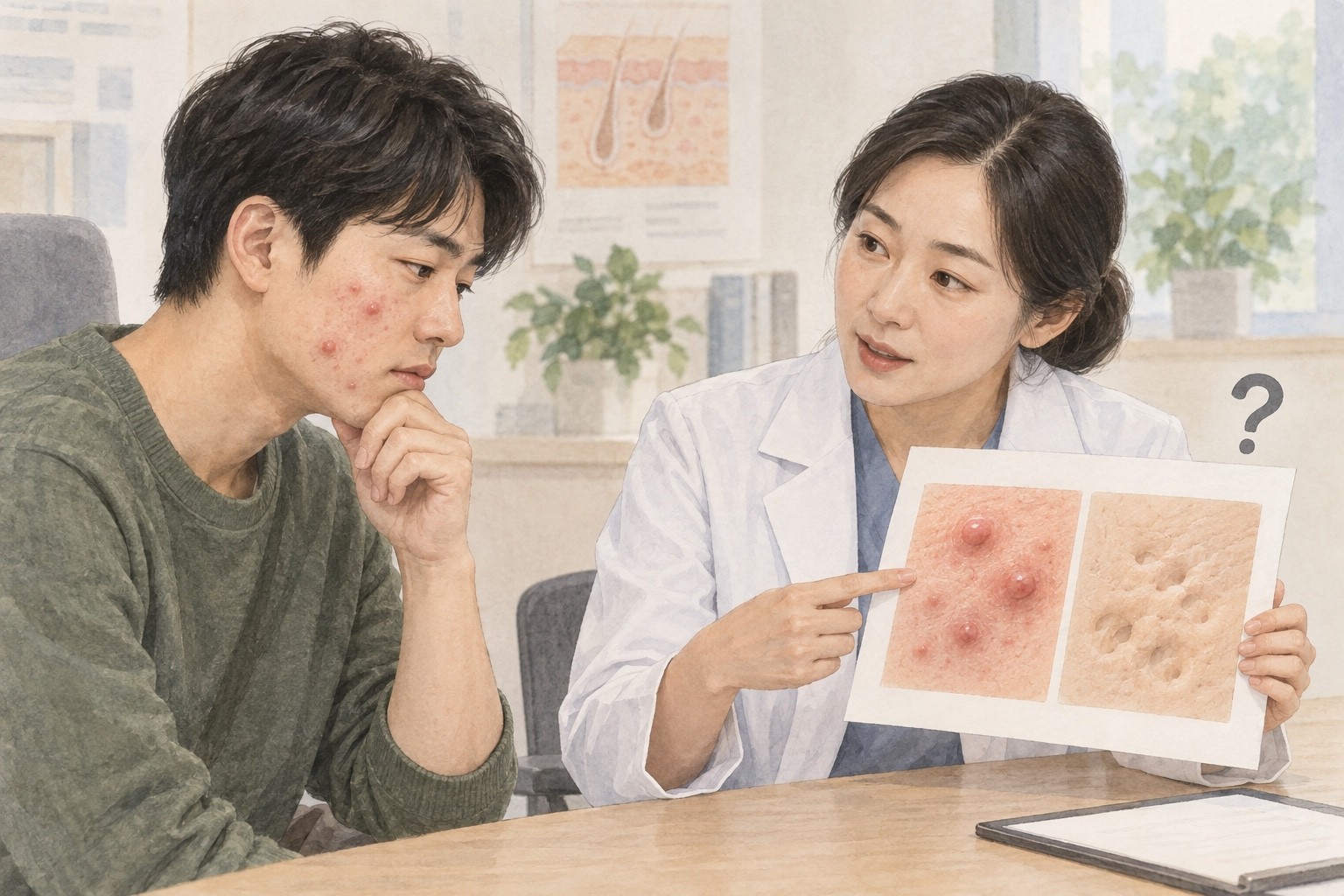 활성 여드름이 있는 성인과 의료진이 붉게 솟은 염증과 안정된 패인 흉터 그림을 구분하며 상담하는 설명용 이미지