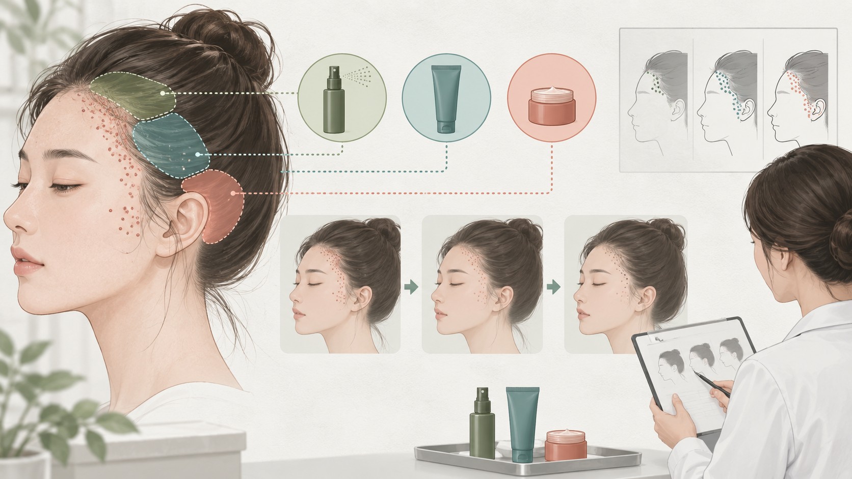 헤어라인과 관자놀이의 제품 접촉 구역을 나누고 하나씩 중단해 새 좁쌀을 비교하는 피부과 그림