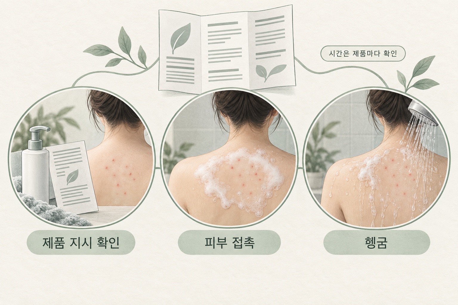제품 지시를 확인한 뒤 같은 등 피부에 워시가 접촉하고 헹궈지는 세 장면. 시간은 제품마다 확인합니다.