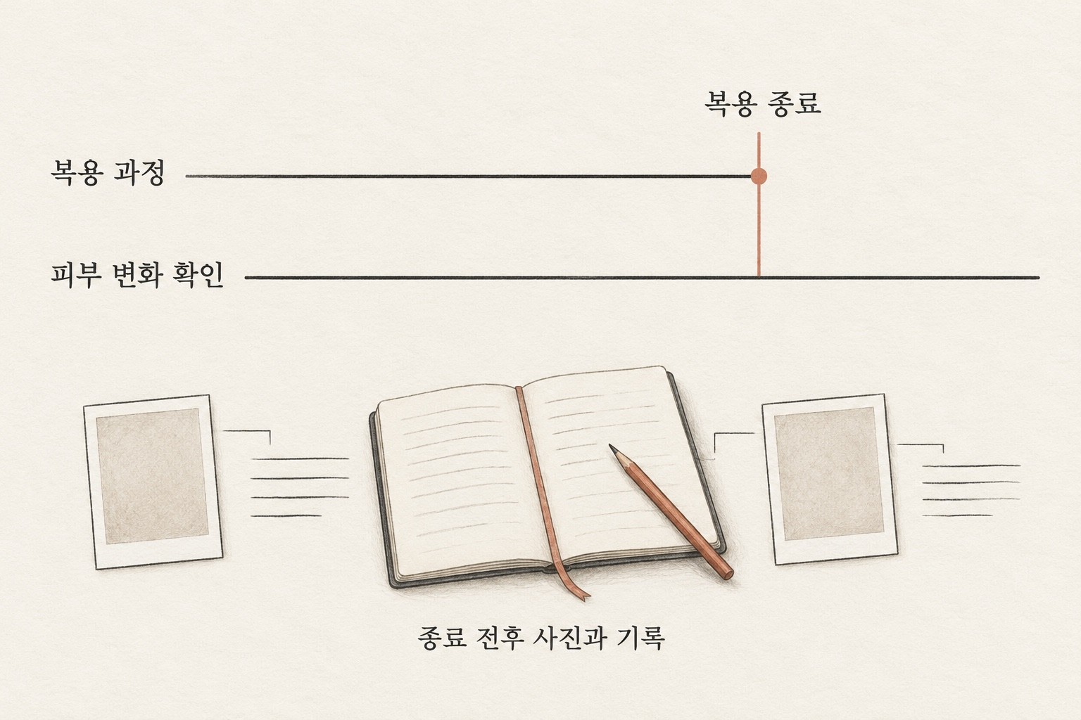 복용 종료 뒤에도 이어지는 피부 변화 확인선과 종료 전후 사진·기록을 모은 노트