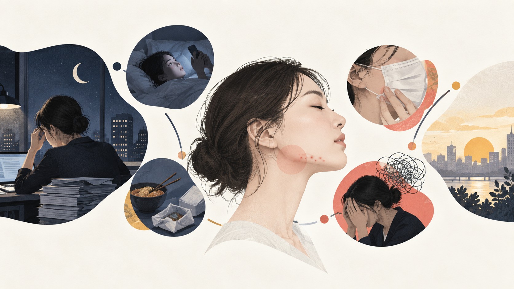 야근 뒤 턱 여드름과 수면, 늦은 식사, 마스크 접촉을 시간 순서로 비교하는 장면
