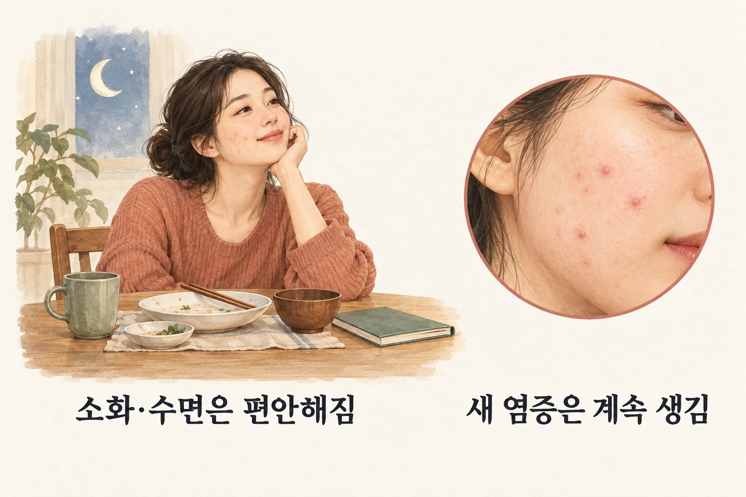 같은 치료 기간에 편안해진 식사·수면과 계속 생기는 볼의 새 염증을 나누어 보는 그림