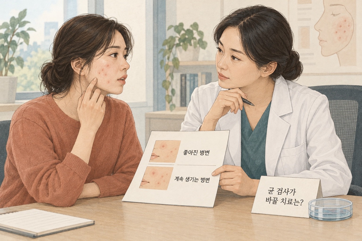 좋아진 병변과 계속 생기는 병변을 구분하며 균 검사의 목적을 상담하는 장면