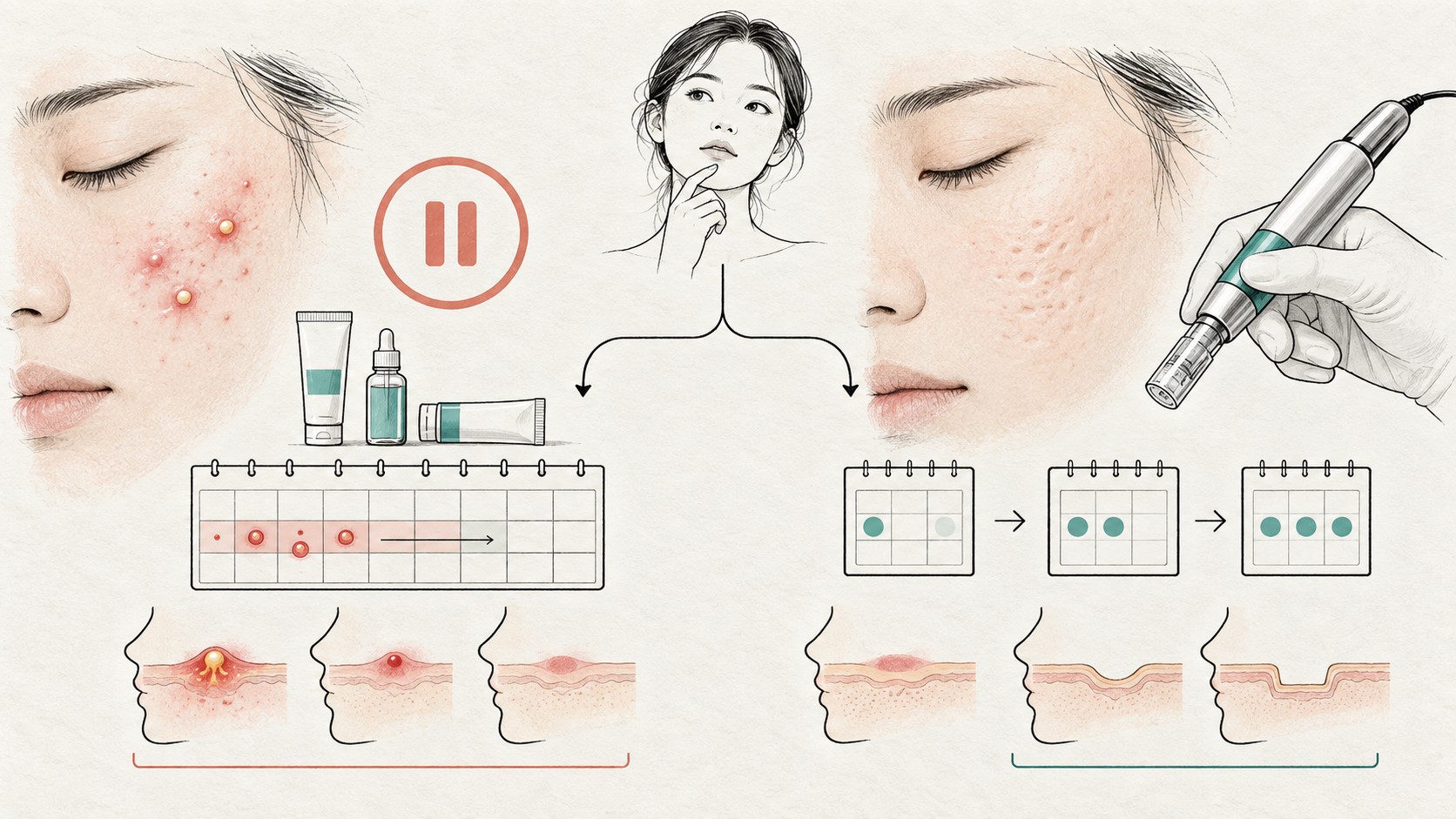 활성 염증성 여드름 치료와 안정된 패인 흉터의 마이크로니들링 시점을 나누는 판단 그림