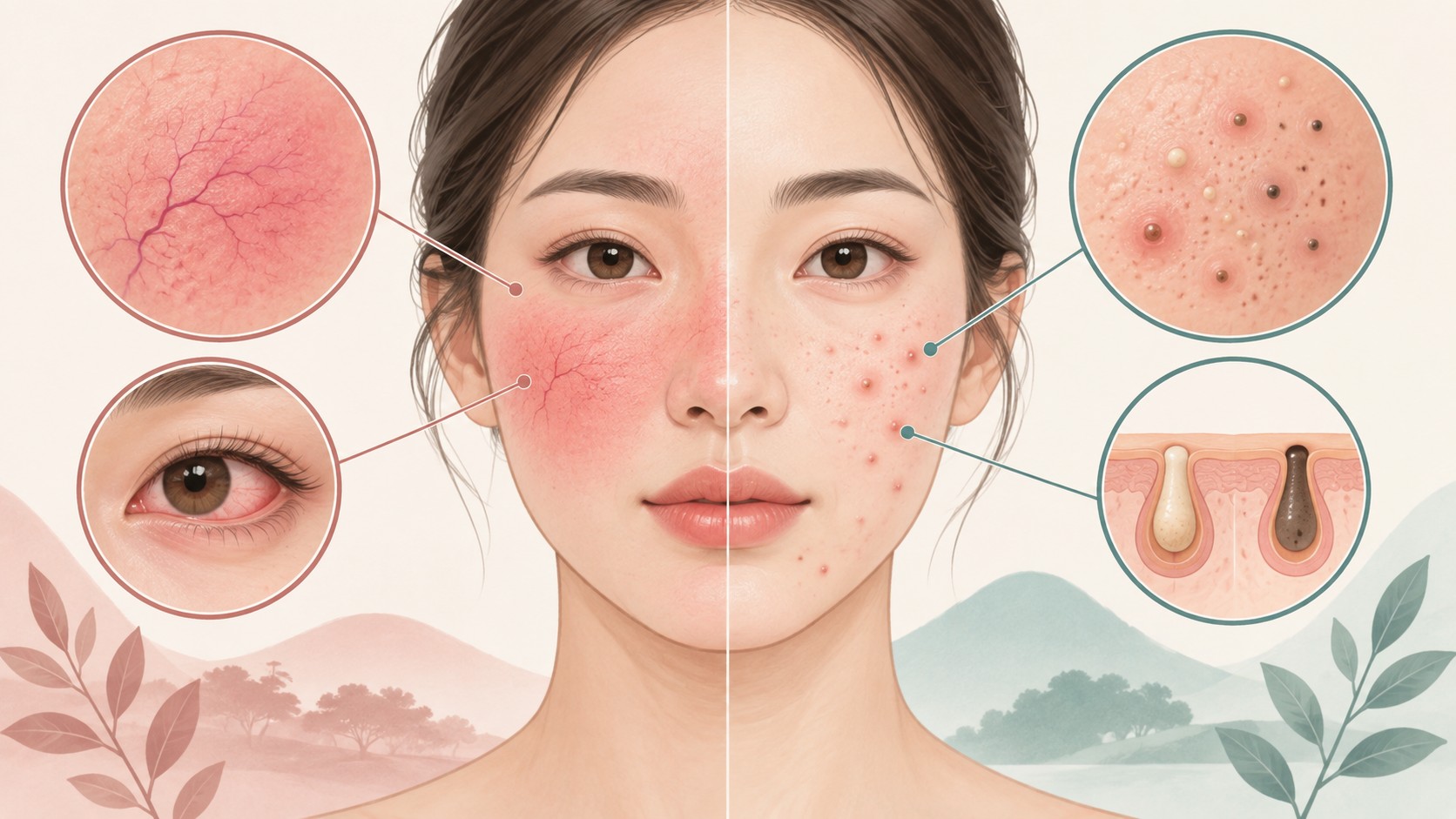 얼굴 중앙 홍조와 면포 단서를 나눠 주사와 여드름을 구분하는 임상 그림