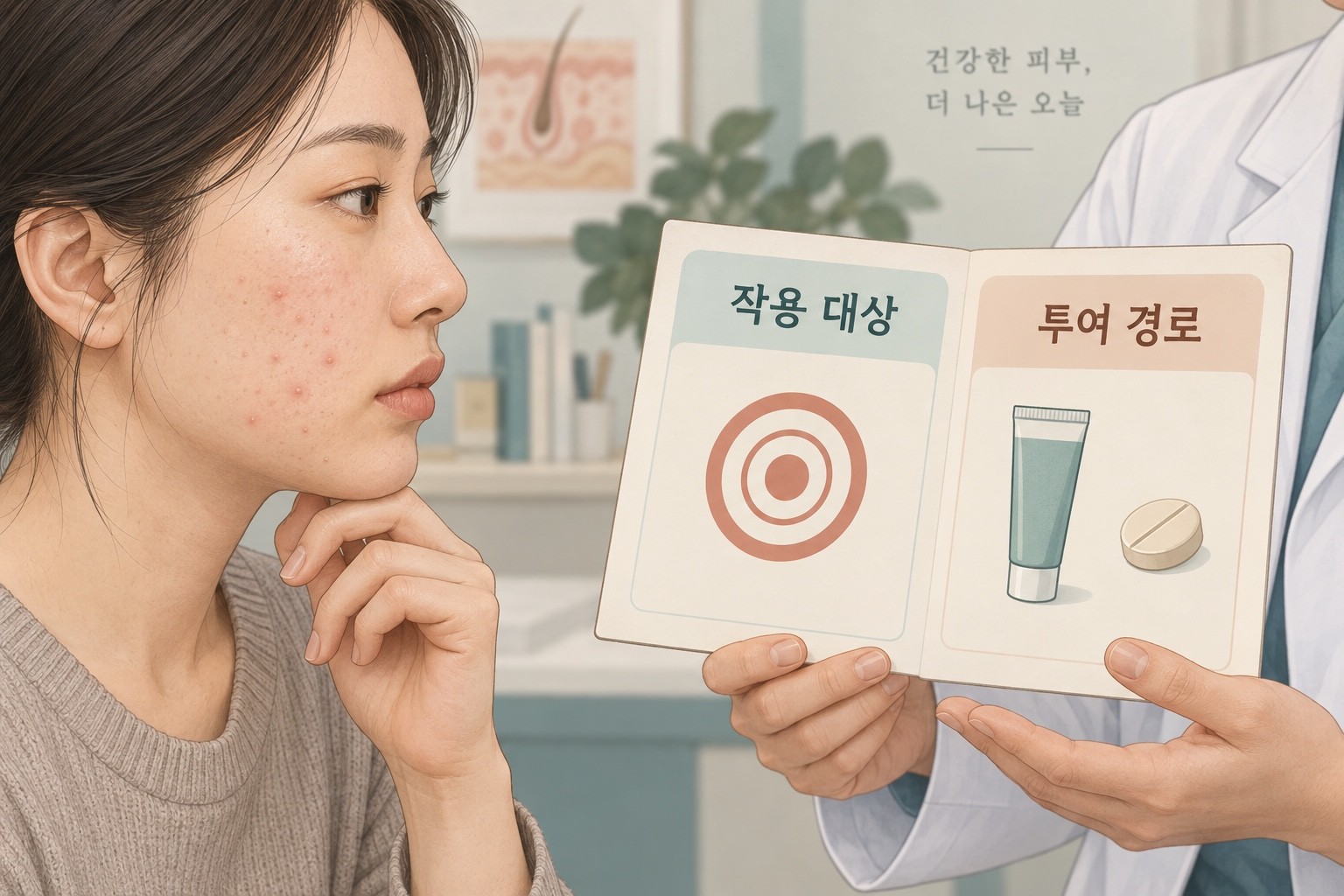 성인 여드름 상담에서 작용 대상과 투여 경로를 별개로 설명하는 종이 그림. 투여 경로에는 바르는 튜브와 먹는 알약이 함께 그려져 있습니다.