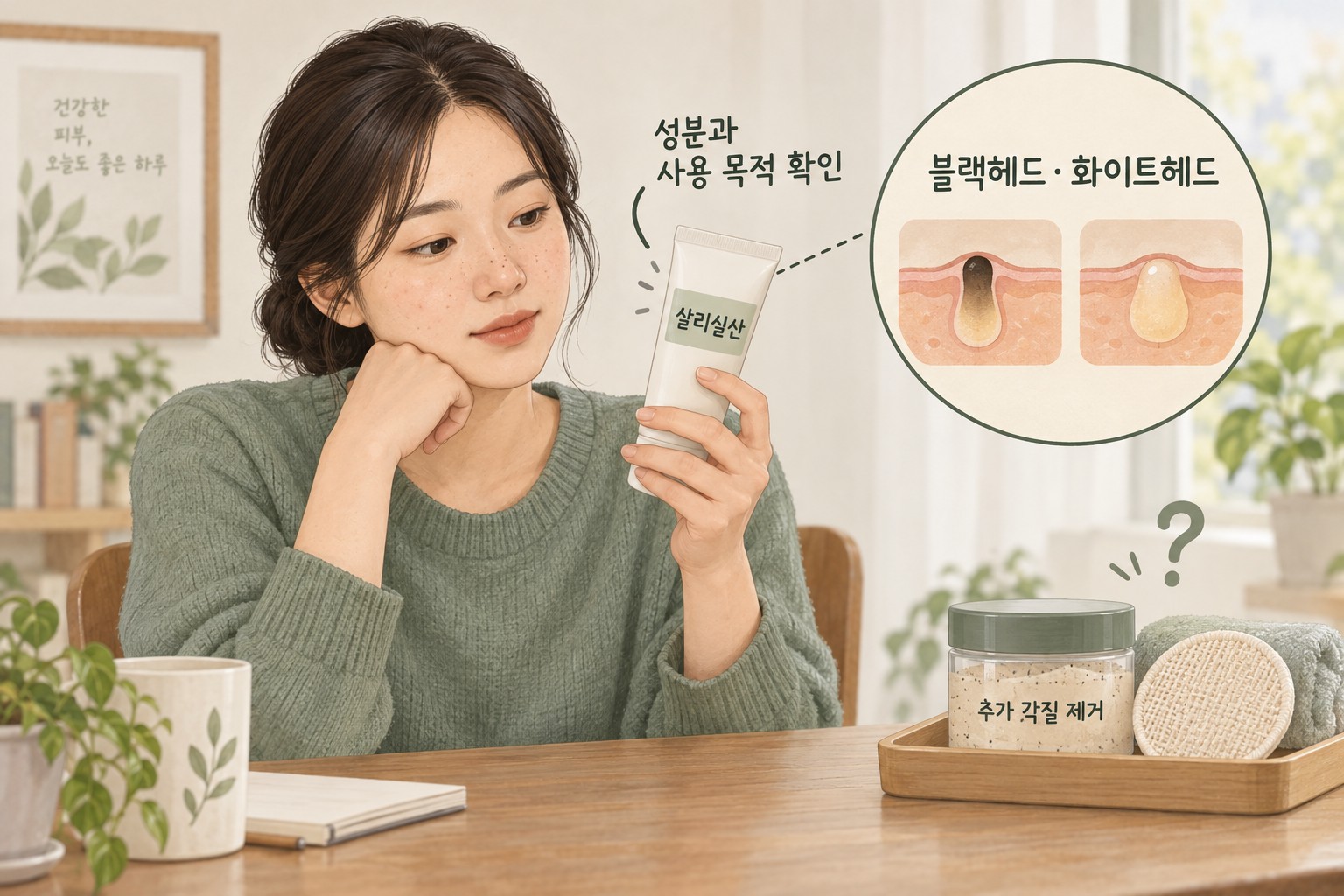 살리실산 제품의 성분과 사용 목적을 확인하는 성인과 블랙헤드·화이트헤드 설명, 별도로 놓인 추가 각질 제거 제품