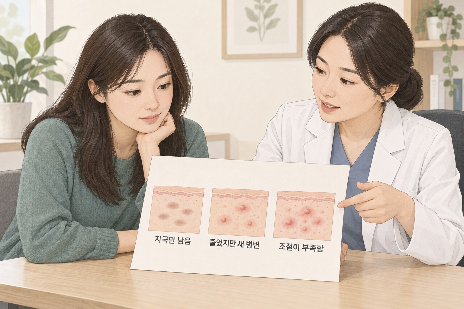환자와 의료진이 자국만 남음, 줄었지만 새 병변, 조절이 부족함을 나누어 살펴보는 상담 삽화