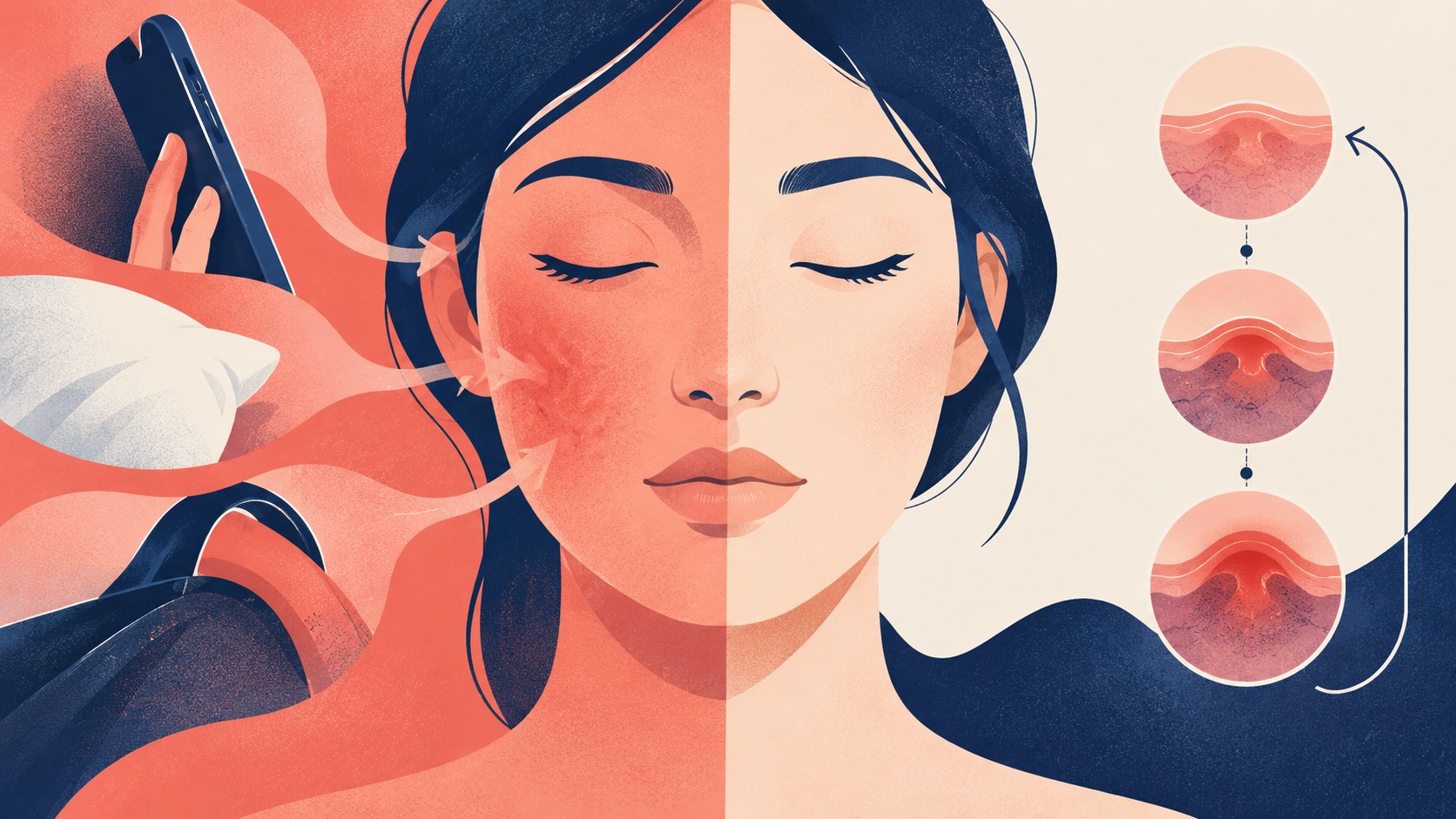 한쪽 볼의 접촉 구역과 깊은 염증 재발 시간표를 좌우 비교로 보여 주는 추상 일러스트