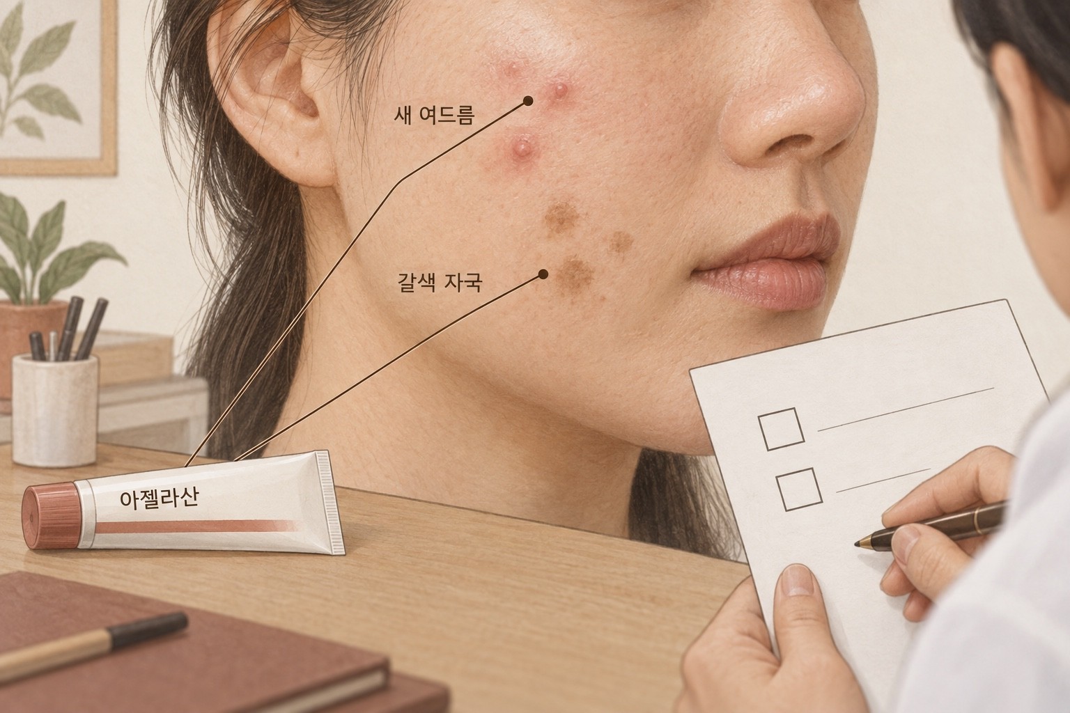 같은 볼의 새 붉은 여드름과 평평한 갈색 자국을 아젤라산의 가능한 역할과 연결하고, 남은 치료 목표를 상담하는 개념 그림