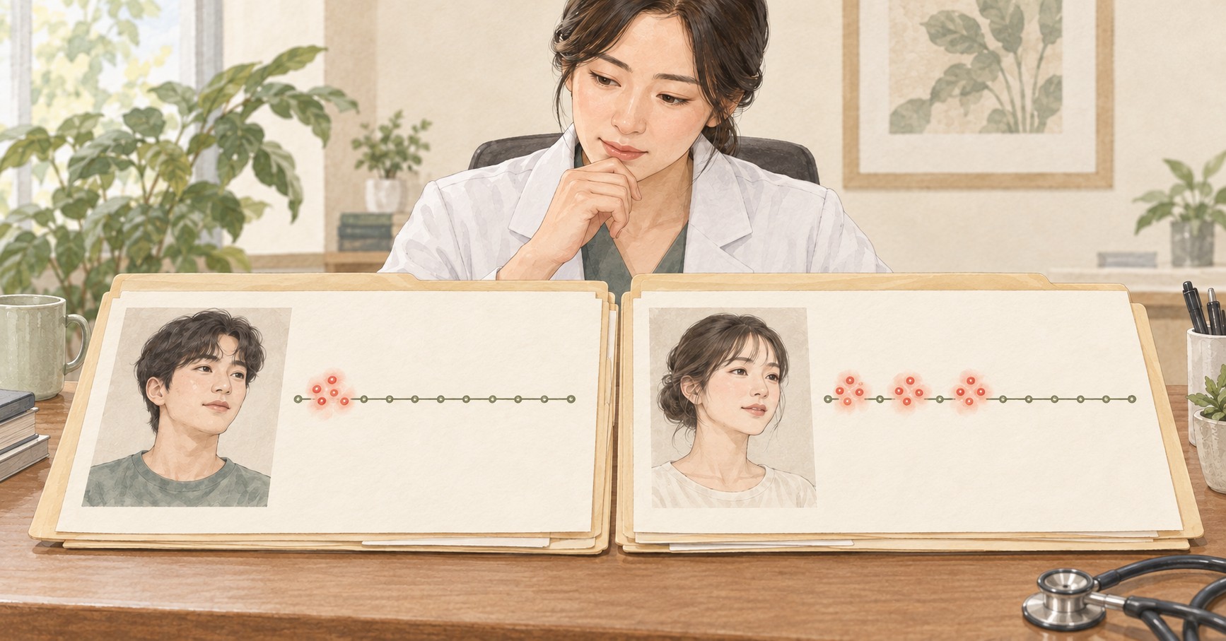 현재 피부는 조용하지만 과거 재발 양상이 다른 두 사람의 치료 이력을 의료진이 각각 검토하는 가상 삽화
