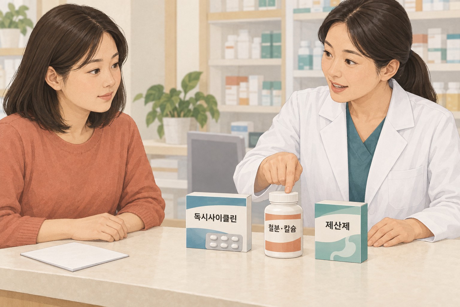 약사와 환자가 독시사이클린 상자, 철분·칼슘 보충제 병과 제산제 상자를 놓고 복용법을 상담하는 교육용 그림