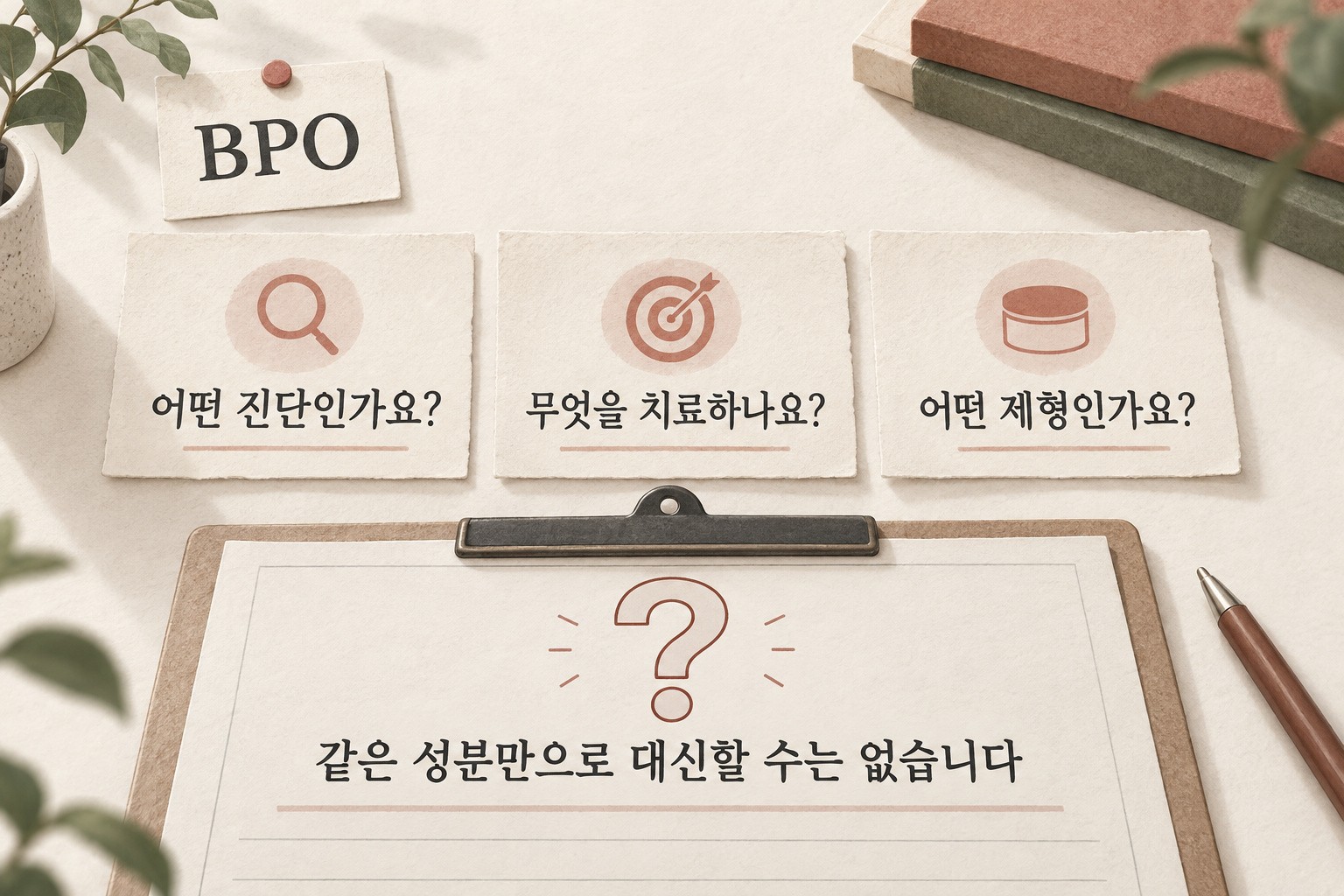 BPO라는 성분명 옆에서 진단·치료 대상·제형을 각각 확인하고 제품 대체 여부를 질문으로 남긴 교육용 그림