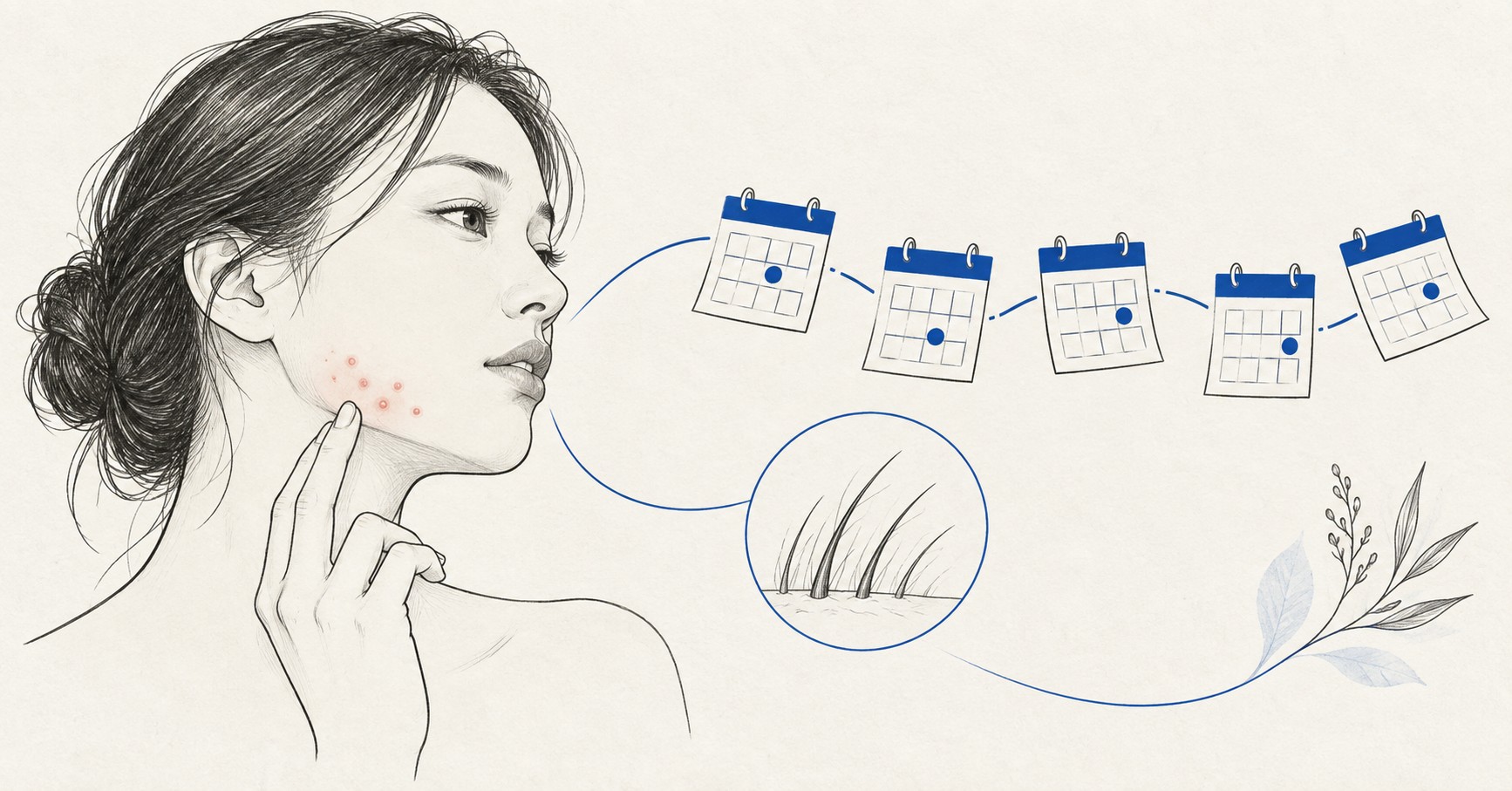 턱선 염증, 불규칙한 월경 달력, 새로 굵어진 털이 세 단서로 연결되지만 여드름 하나로 진단하지 않는 그림