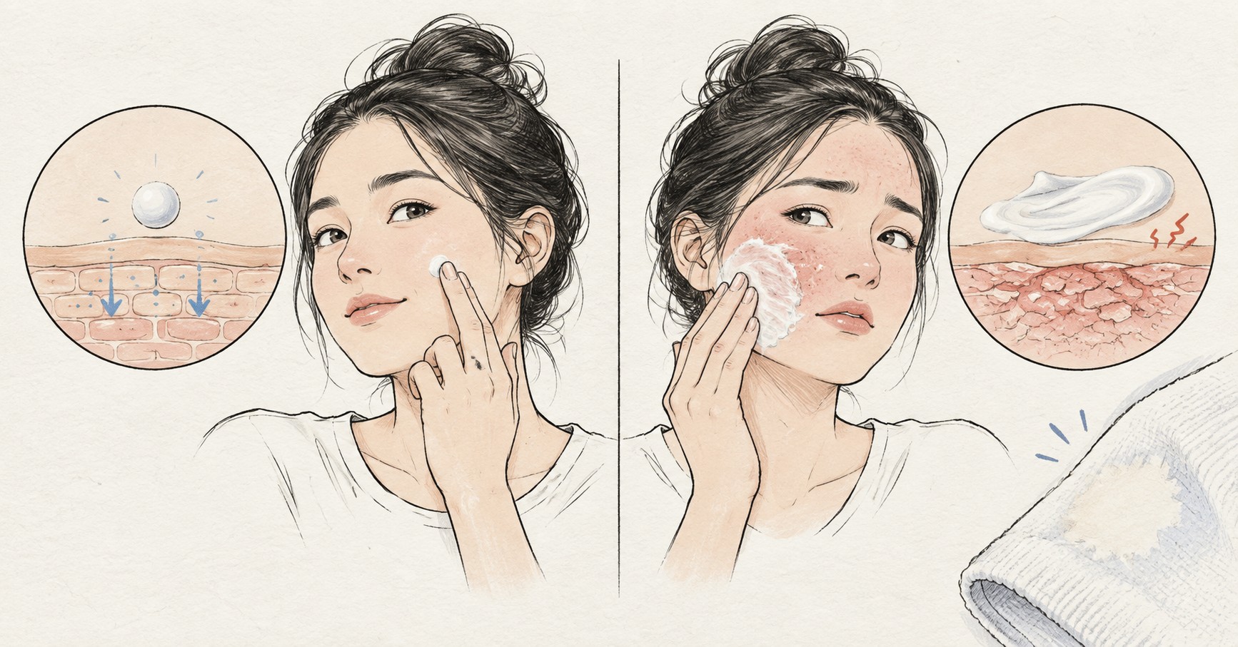 적정량의 여드름 외용제와 과량 도포로 생긴 붉은 자극, 색이 빠진 수건을 비교한 손그림