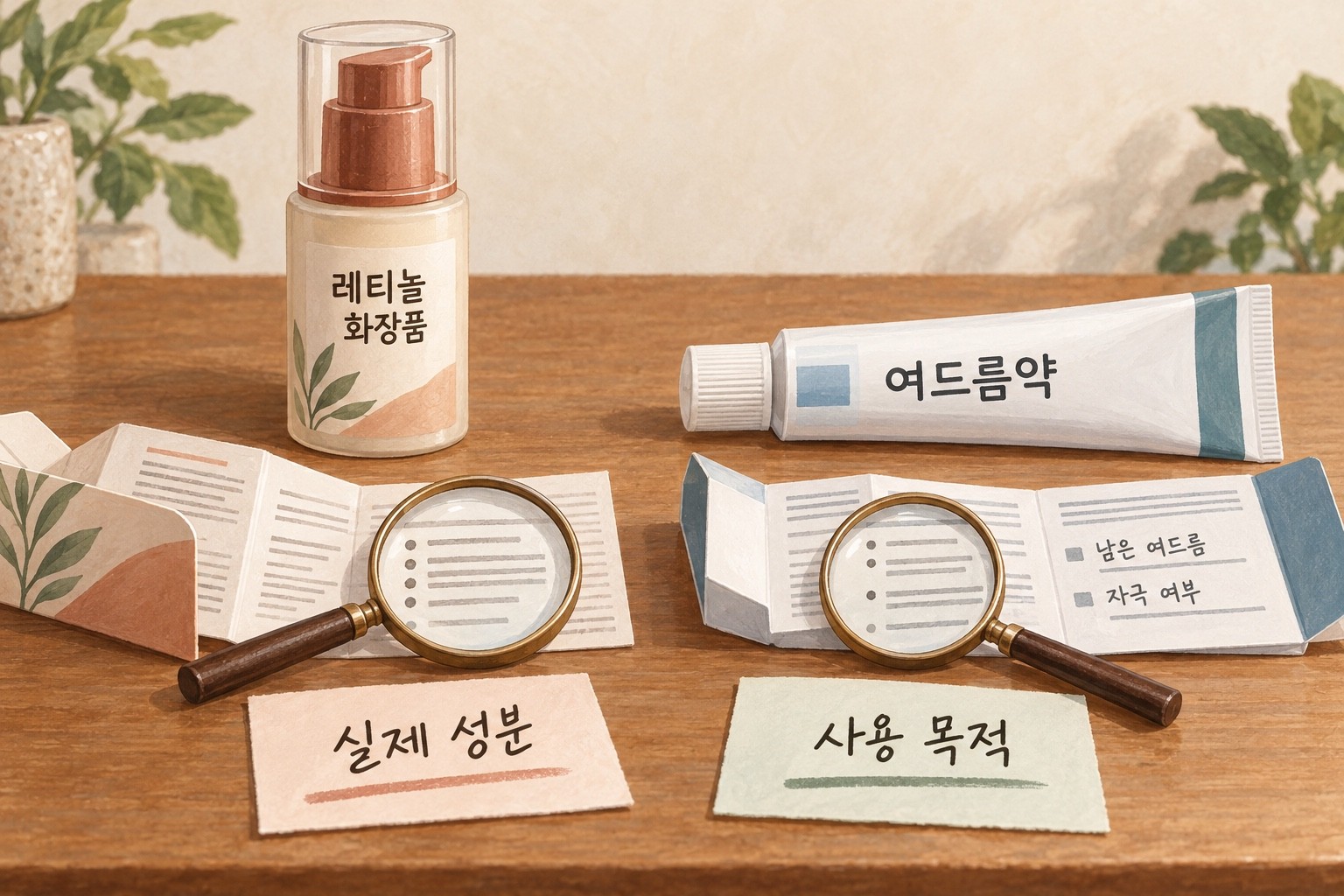 레티놀 화장품과 여드름약의 성분 표시와 사용 목적을 나누어 확인하는 그림