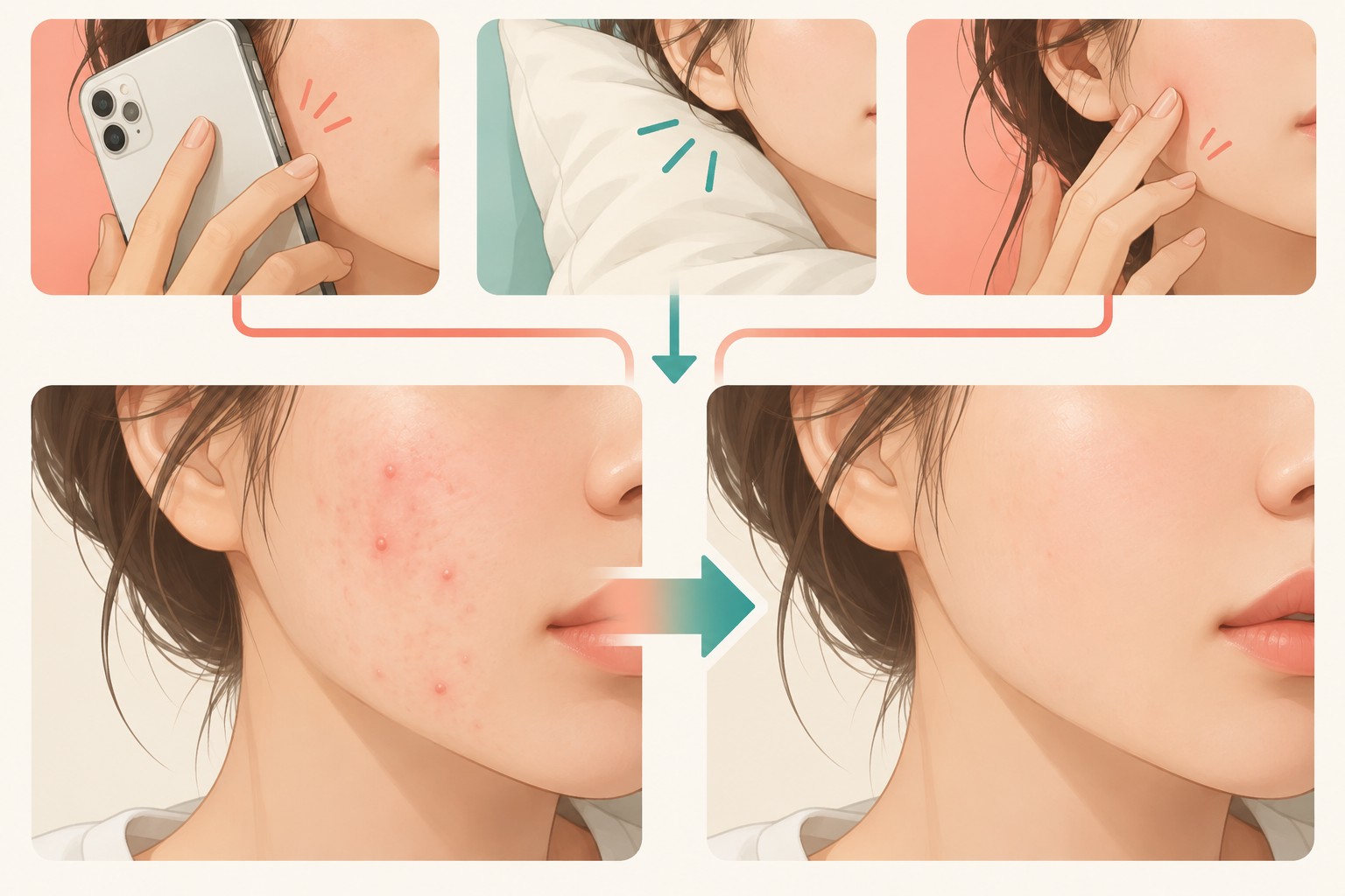 한쪽 볼 여드름에서 전화·베개·손 접촉을 하나씩 비교하는 의사결정 그림