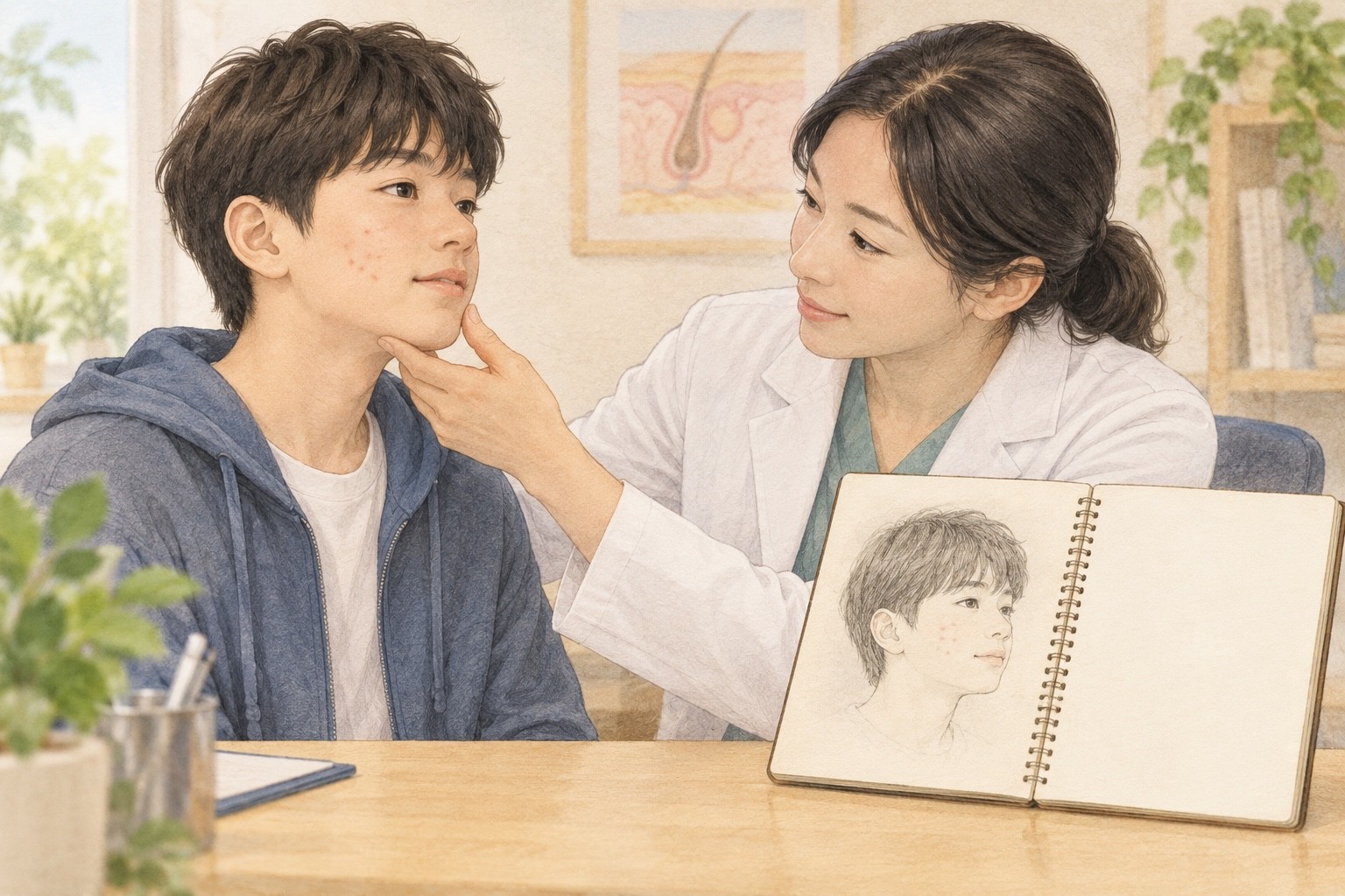 현재 여드름을 진찰받는 청소년과 오늘의 얼굴을 그린 스케치 옆에 비어 있는 다음 페이지