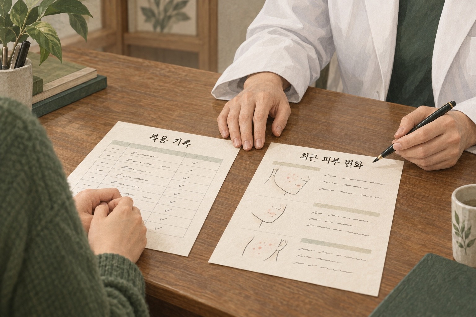 처방자와 환자가 복용 기록과 최근 피부 변화 기록을 따로 펼쳐 함께 검토하는 생성 삽화