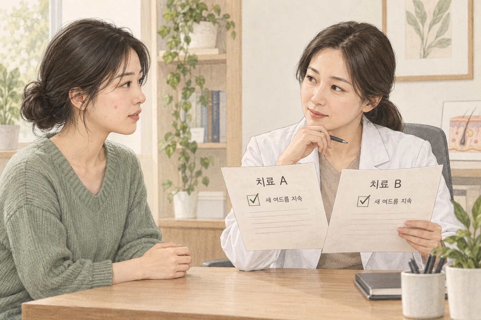 현재 볼의 여드름이 많지 않은 환자와 의료진이 치료 A·B 기록을 함께 살피는 설명용 그림