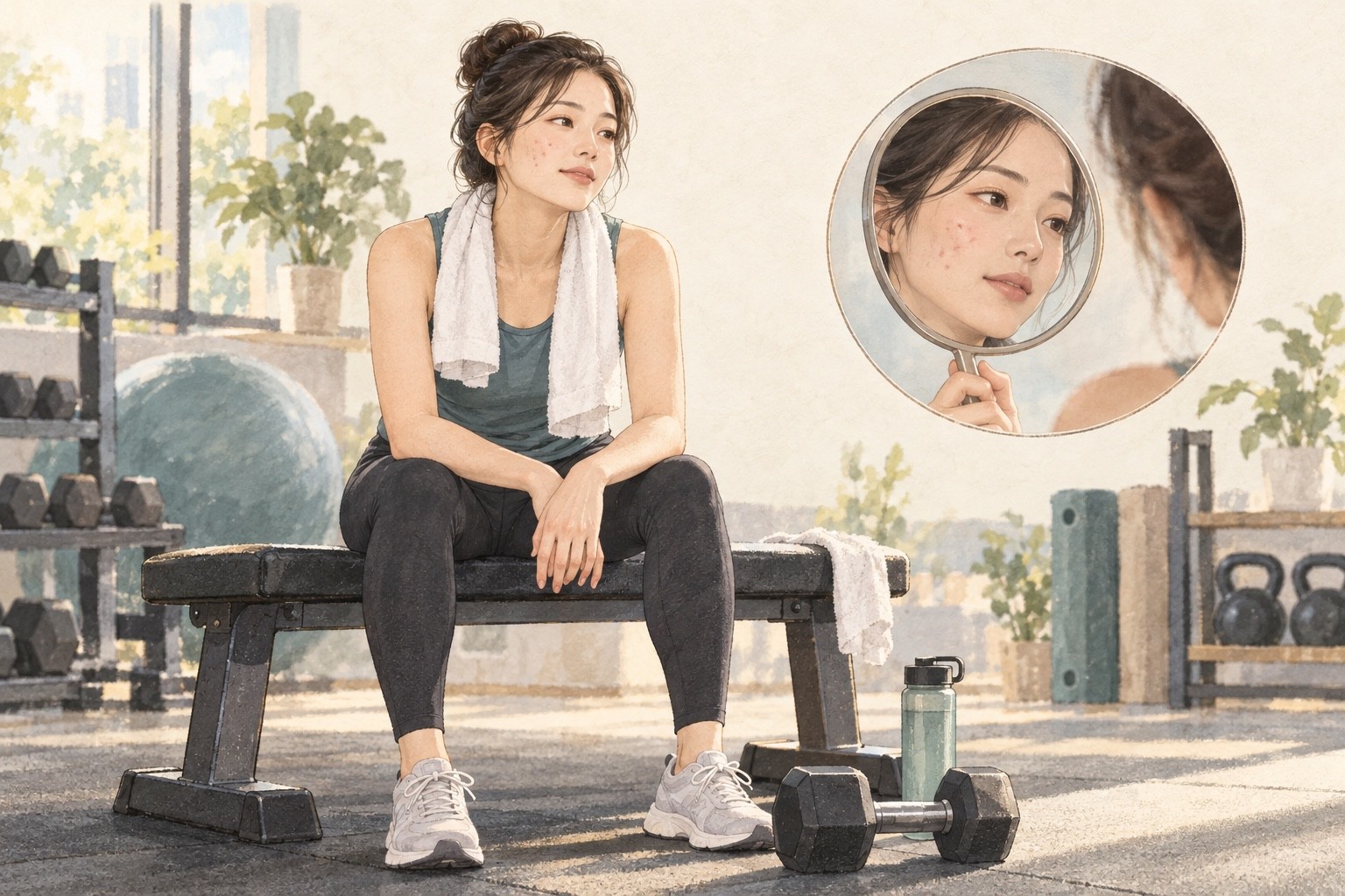 운동시설의 벤치에 잠시 앉은 성인과 얼굴을 살피는 거울 장면을 함께 표현한 삽화