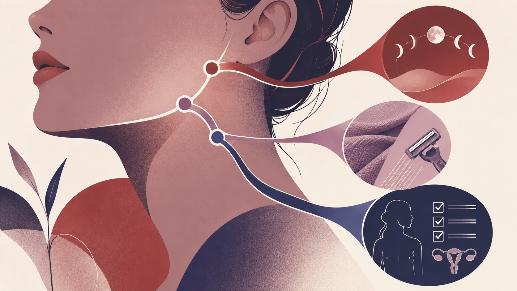 턱선을 따라 월경 주기, 면도·마찰, 내분비 평가의 세 경로가 갈라지는 추상 일러스트
