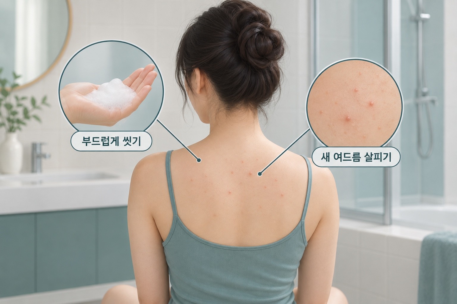 등의 작은 뾰루지를 살피며 부드러운 세정과 새 여드름 관찰을 나누어 보여주는 그림