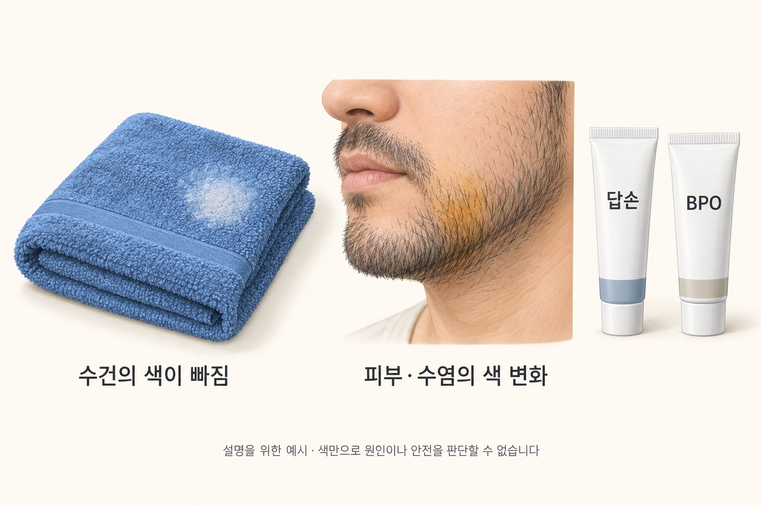 수건의 색 빠짐과 피부·수염의 노랑·주황색 변화를 따로 보여 주는 설명 삽화