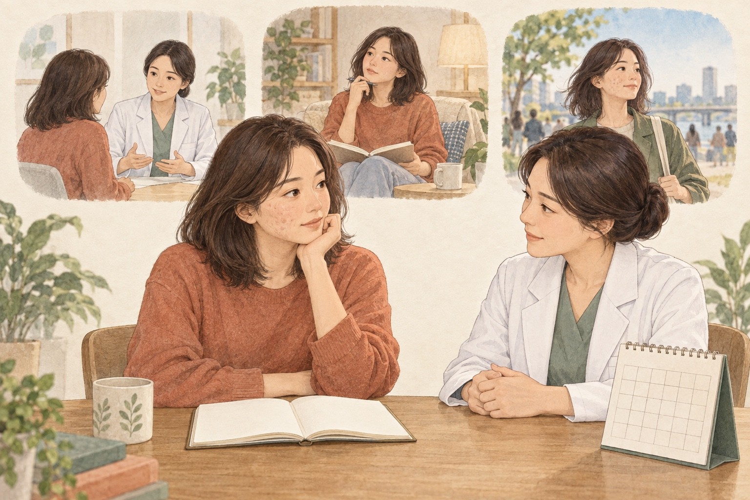 패인 여드름 흉터의 변화를 상담할지 생각하는 사람과 상담·보류·일상 유지의 동등한 선택을 표현한 그림