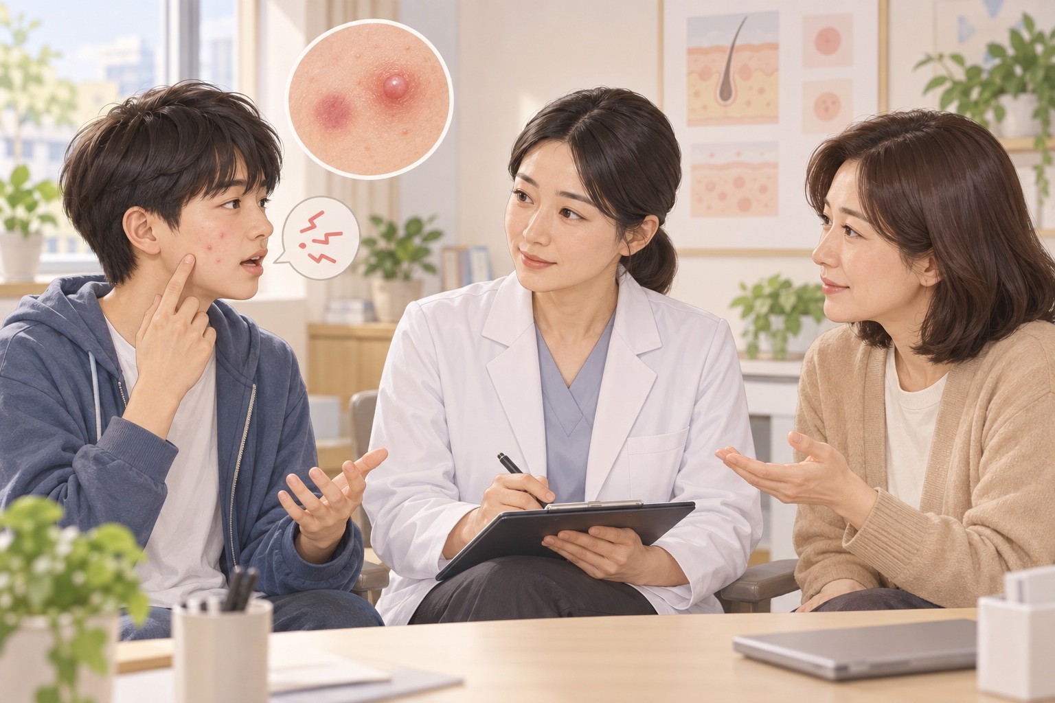 청소년이 볼의 불편을 의료진에게 직접 설명하고 부모님이 곁에서 함께 참여하는 가상 진료 장면