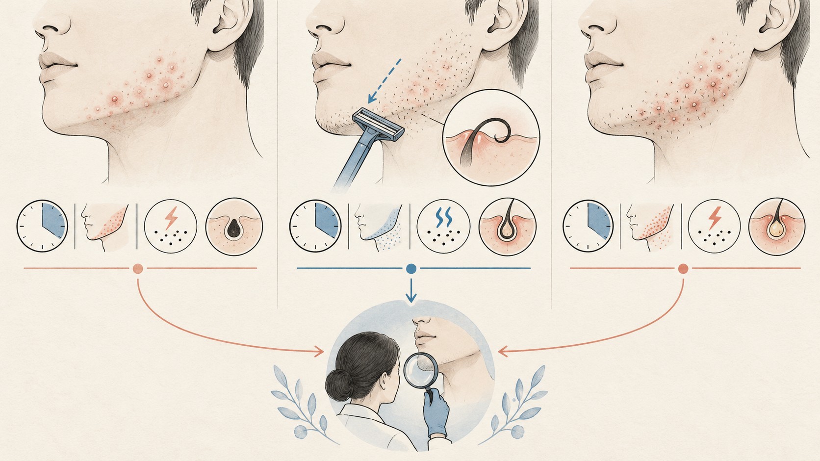 턱선의 면포, 면도 뒤 피부 안으로 굽은 털, 모낭을 따라 난 붉은 돌기를 시간 관계와 함께 비교하는 임상 그림
