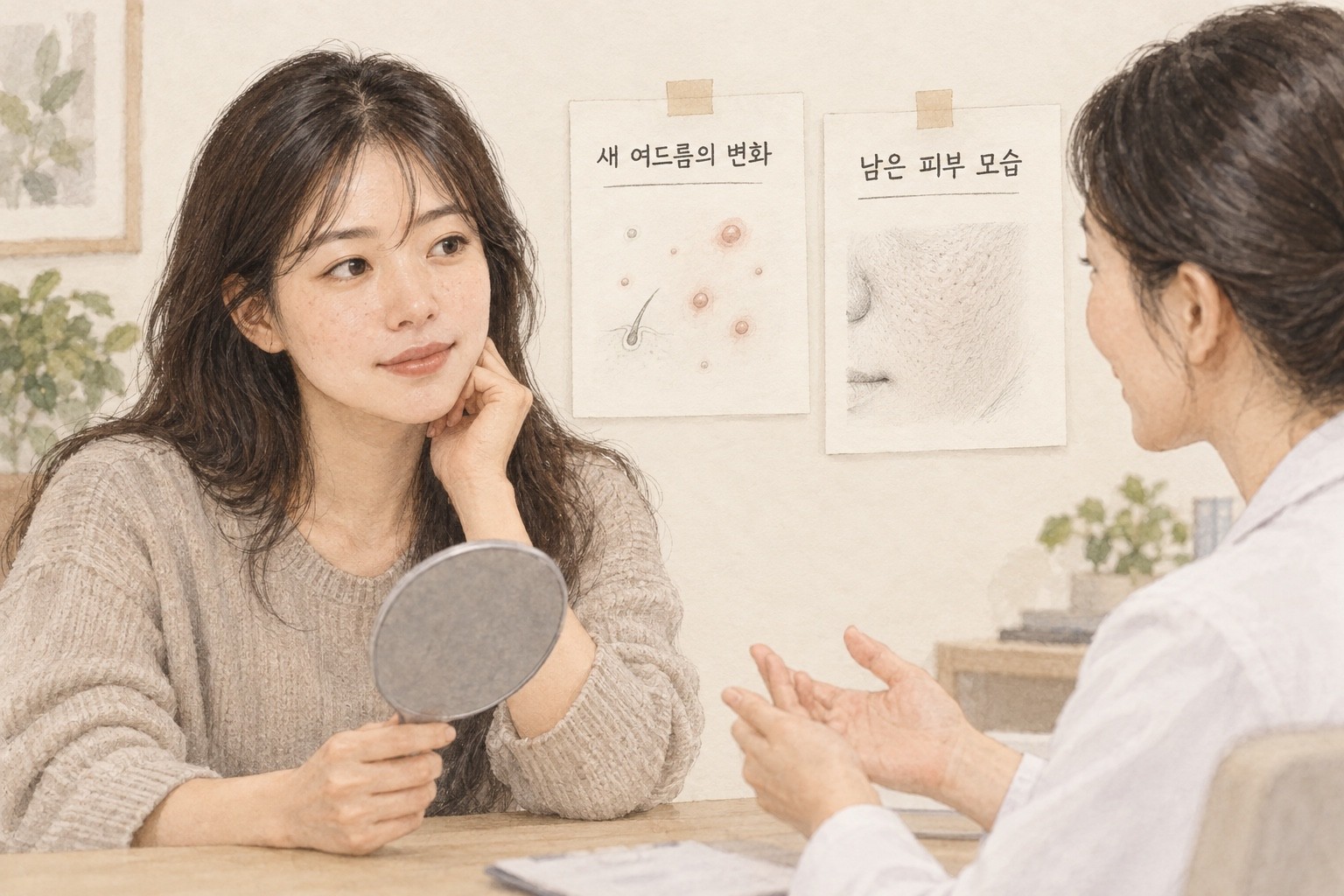 거울을 든 성인이 새 여드름의 변화와 남은 피부 모습을 구분해 상담하는 생성 삽화