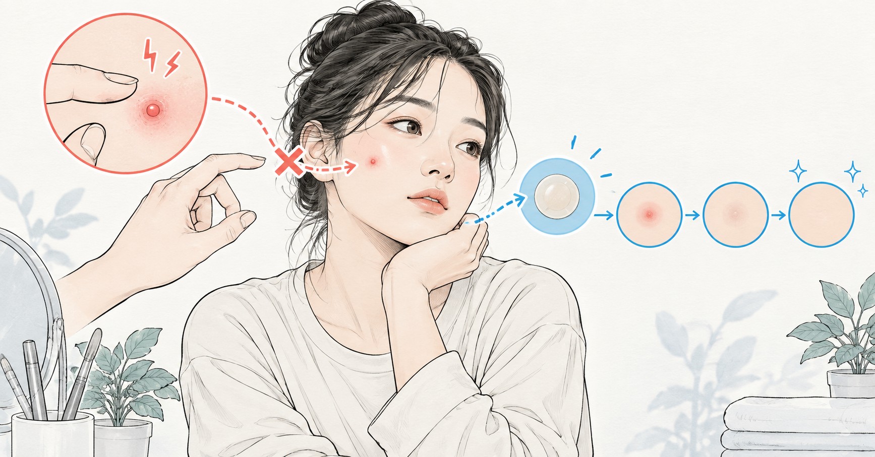 여드름을 만지는 손의 반복 고리를 멈추고 상처를 보호하는 분기 그림