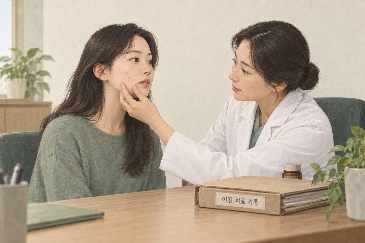 현재 볼의 작은 여드름을 살피는 의료진과 환자, 별도로 놓인 이전 치료 기록의 생성 삽화