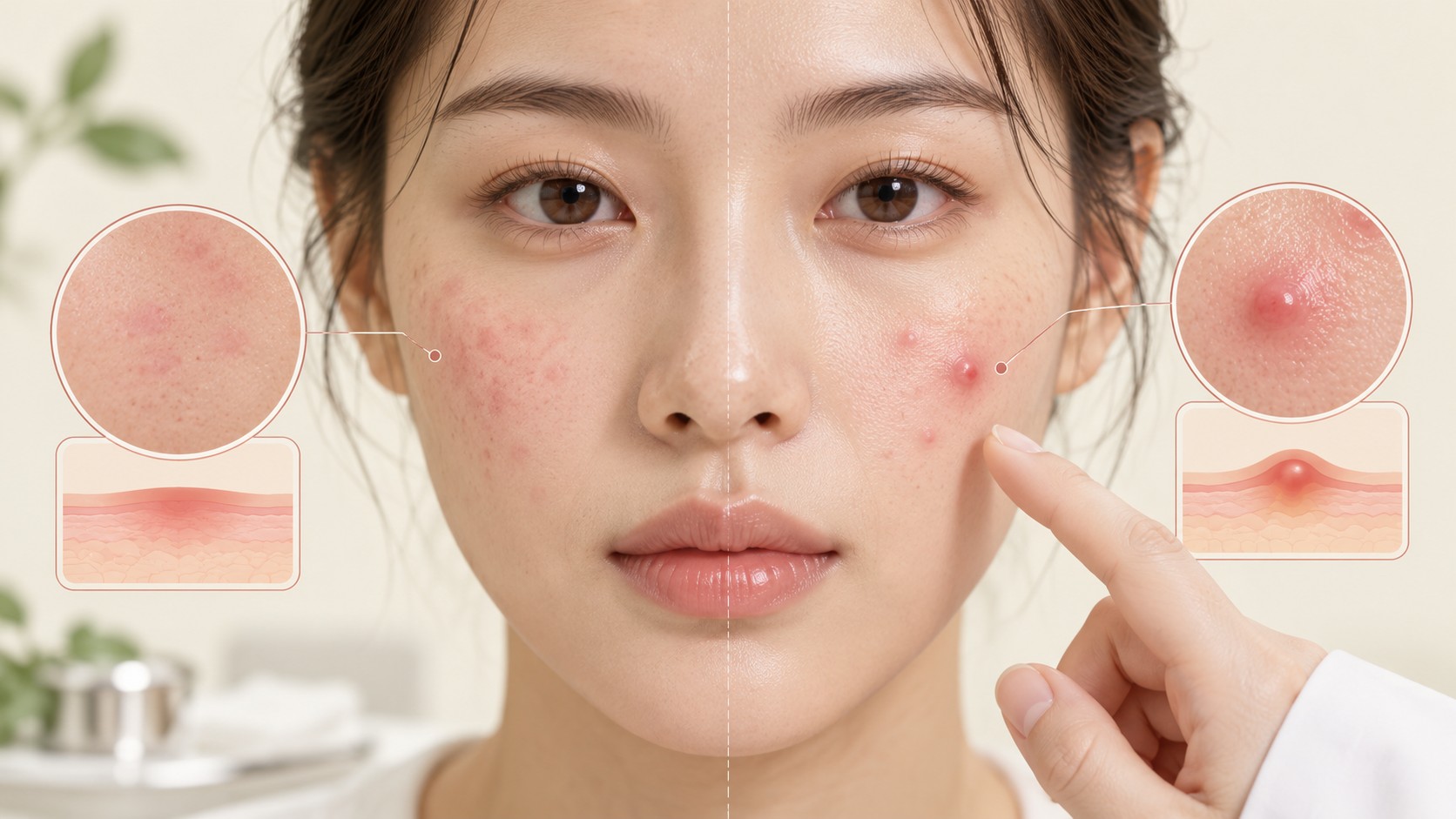 평평한 붉은 여드름 자국과 새로 솟은 염증을 높낮이로 비교한 임상 일러스트