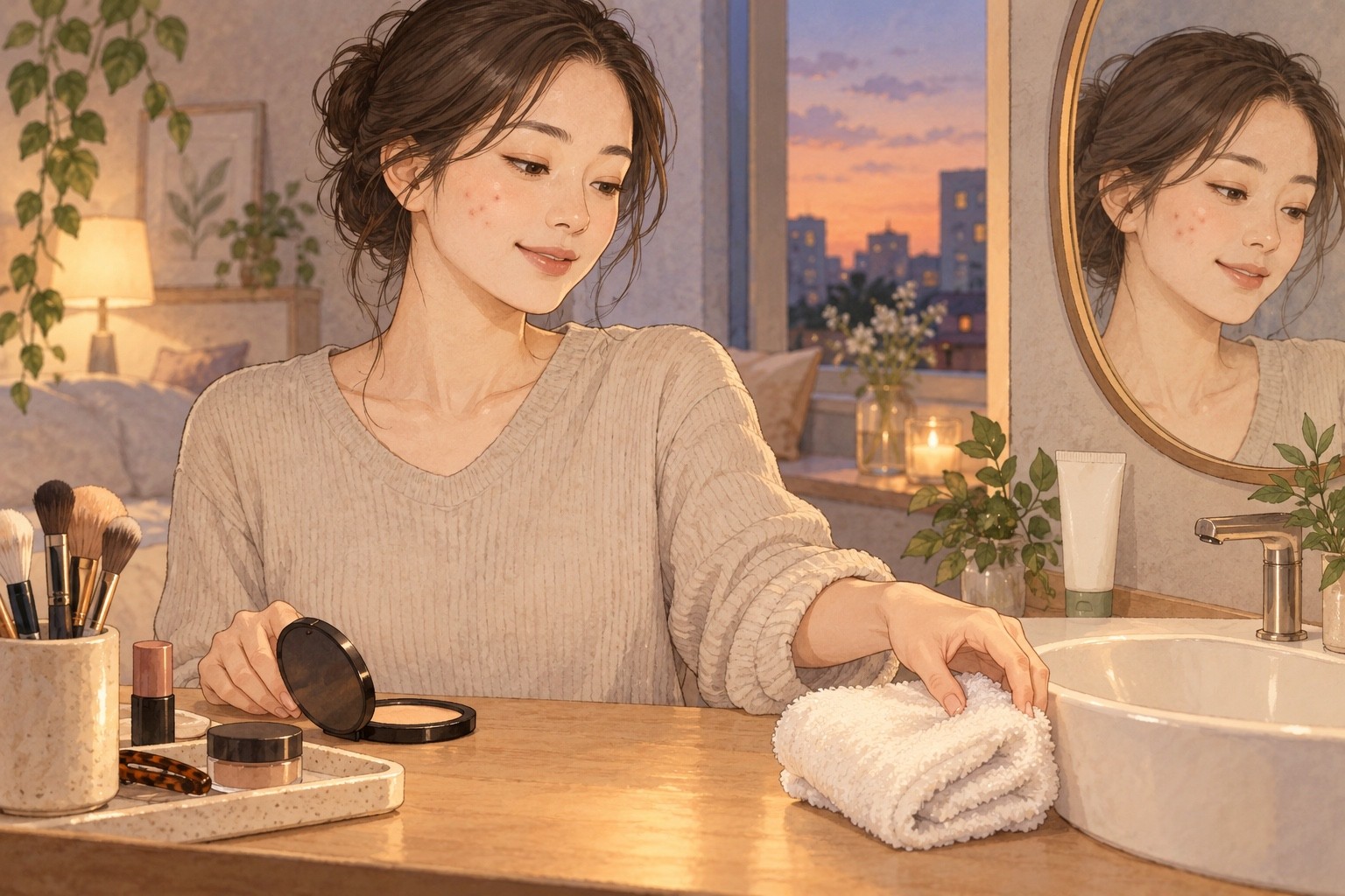 화장품 선택과 하루 끝 제거를 같은 피부관리 장면에서 살피는 생성 삽화