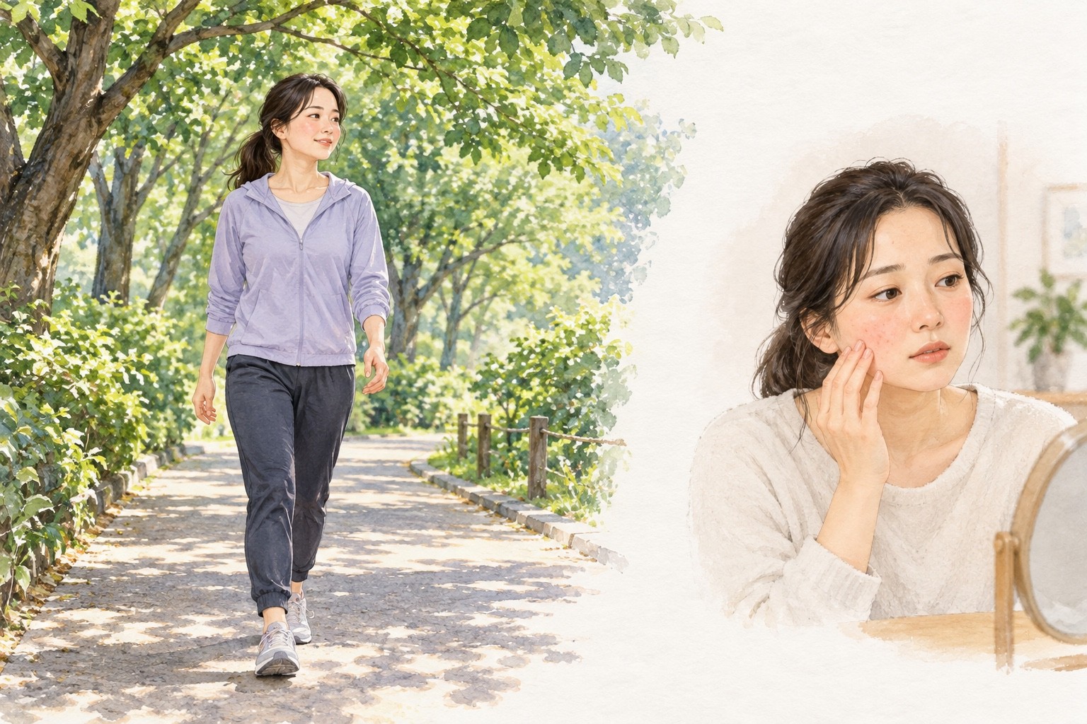 그늘진 길에서 가볍게 걷는 사람과 쉬는 동안 볼의 불편을 살피는 모습