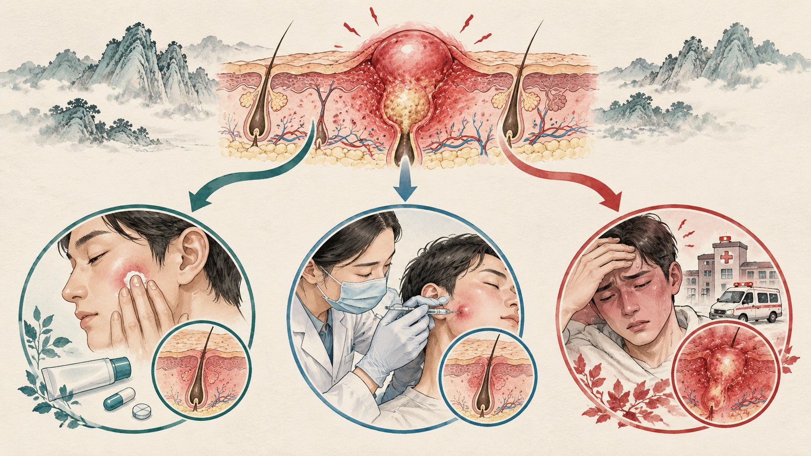 큰 통증성 결절에서 일반 치료, 피부과 주사, 감염 평가로 갈라지는 추상 임상노트