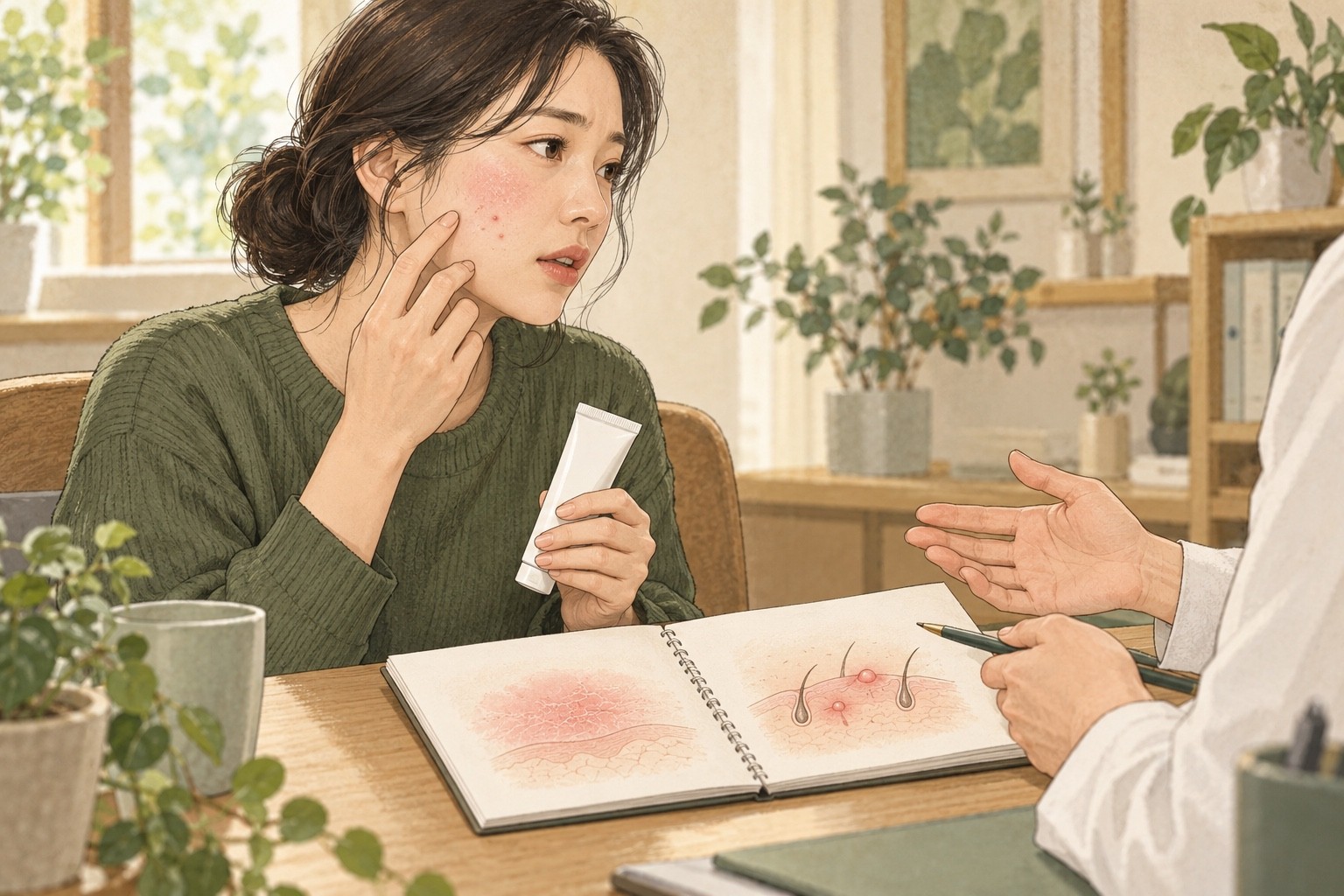 바르는 제품을 보여 주며 볼의 따가움과 새 여드름을 설명하고, 넓은 건조와 개별 병변을 나누어 보는 상담 장면