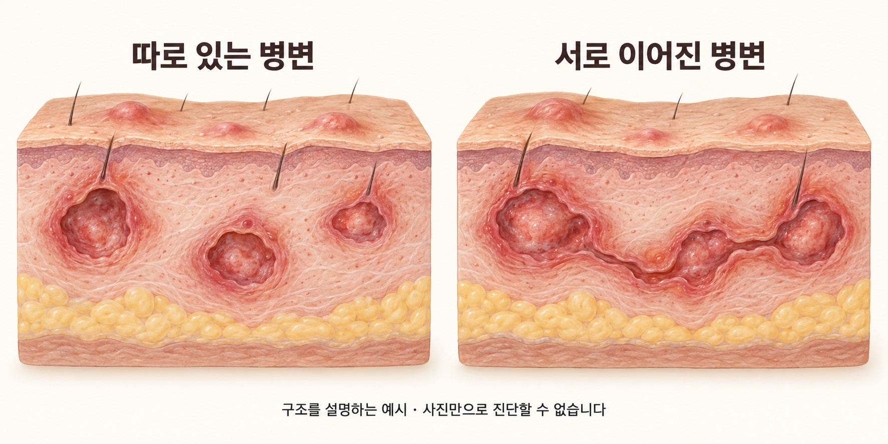 교육용 피부 단면 예시: 따로 있는 깊은 병변과 서로 이어진 병변을 비교합니다. 실제 환자의 연결 여부를 보여 주는 그림이 아닙니다.