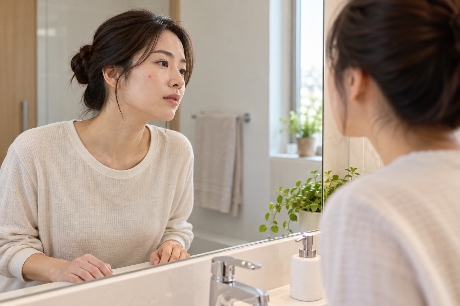 거울 앞에서 볼의 작은 여드름을 보며 두 손을 세면대에 내려놓은 모습