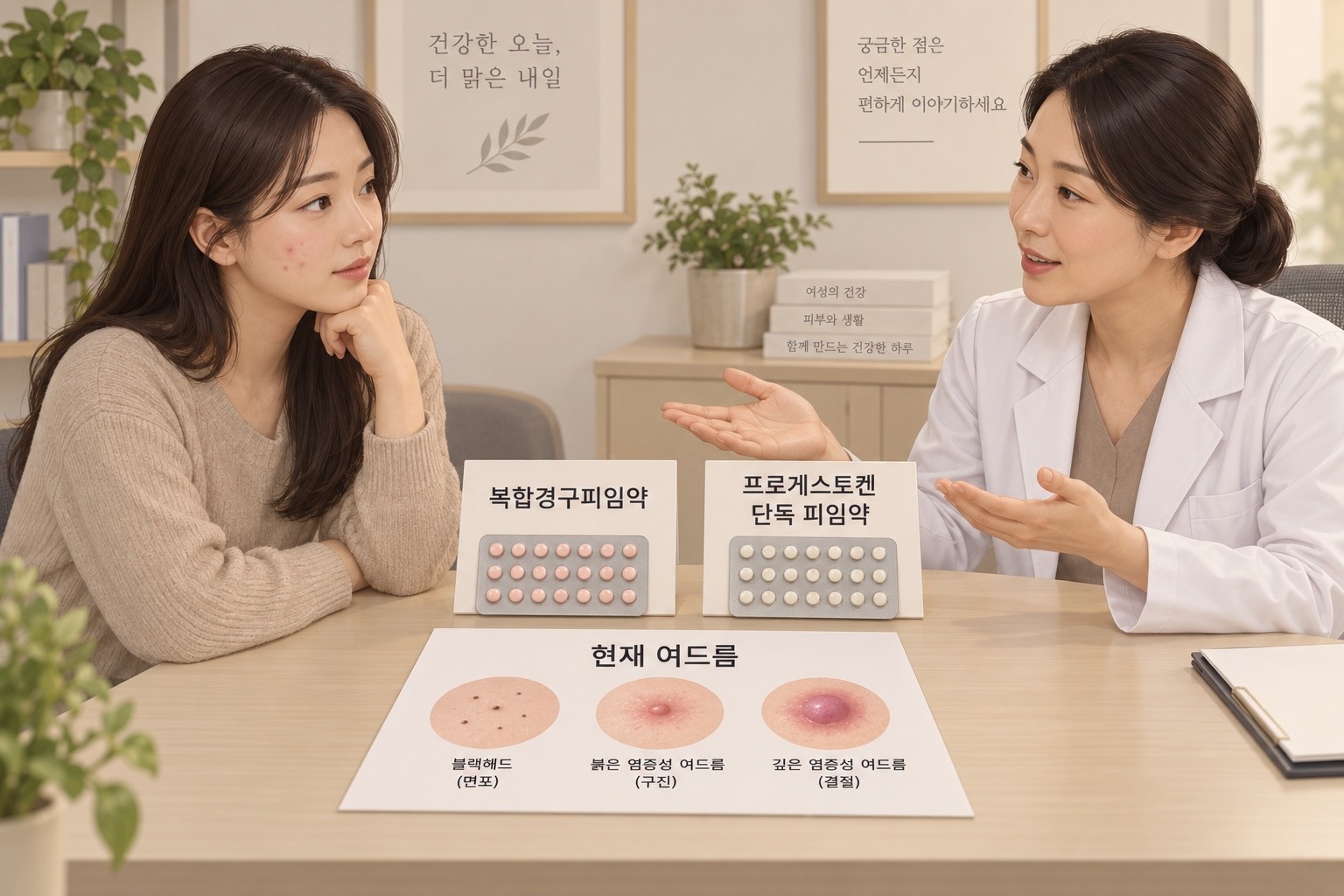 여드름이 있는 성인이 의료진과 복합 피임약·단독 피임약 및 현재 피부 치료를 함께 상담하는 교육용 재현 장면