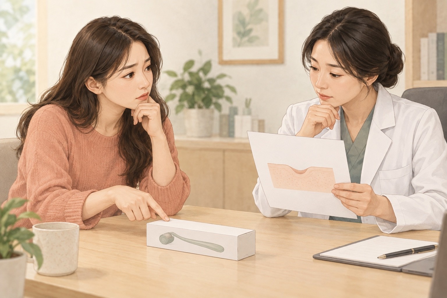 사용하지 않은 가정용 제품과 흉터 설명을 두고 상담하는 사람과 의료진