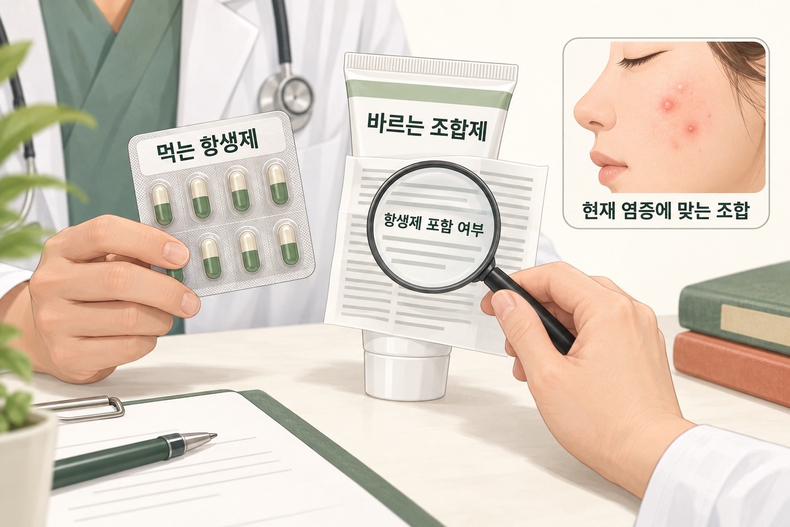 먹는 항생제 포장과 바르는 조합제의 항생제 포함 여부를 함께 확인하고 현재 염증에 맞는 조합을 검토하는 모습