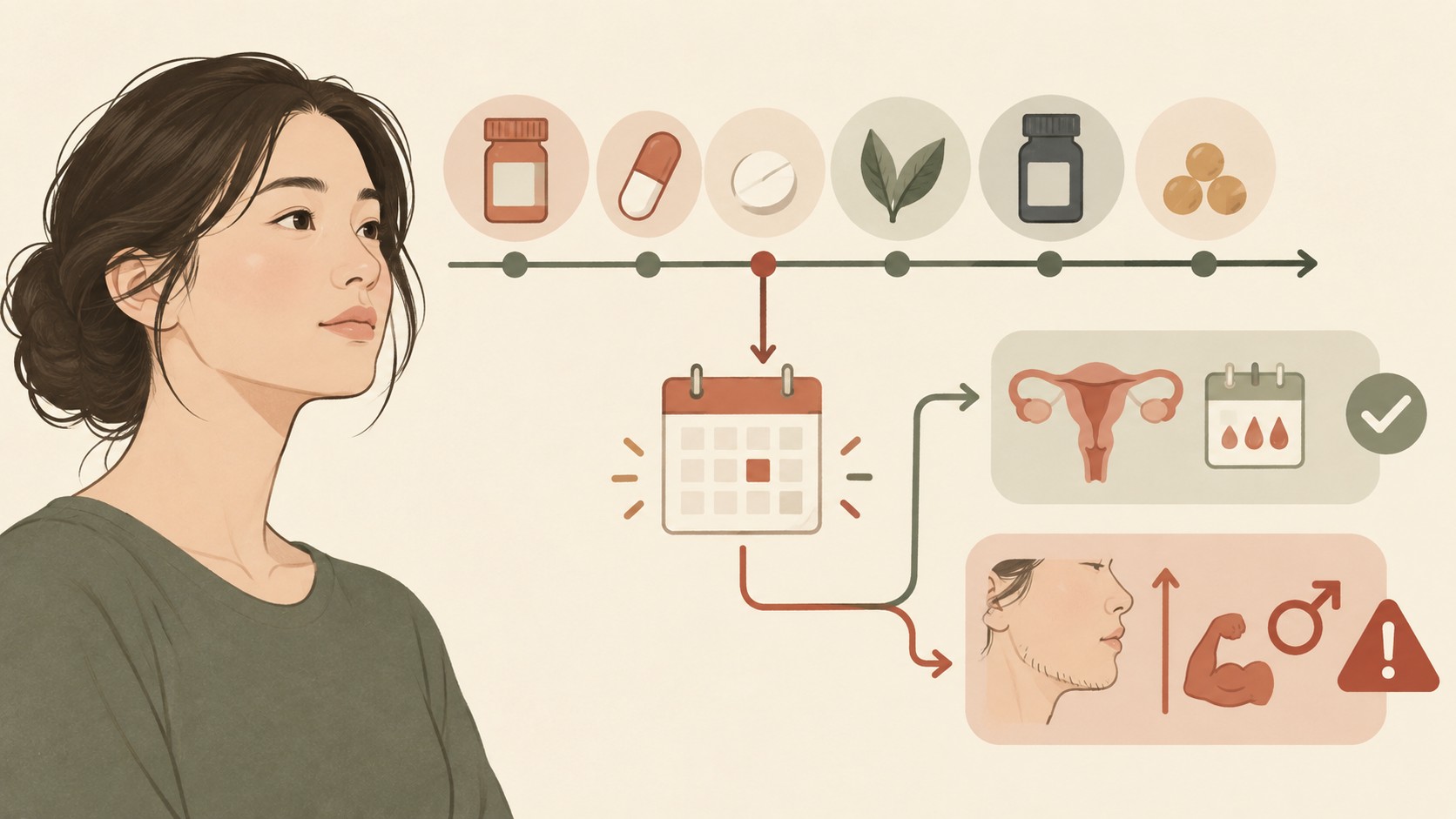 성인 여드름 시작일과 약·보충제, 월경 변화 단서를 연결한 추상 임상노트