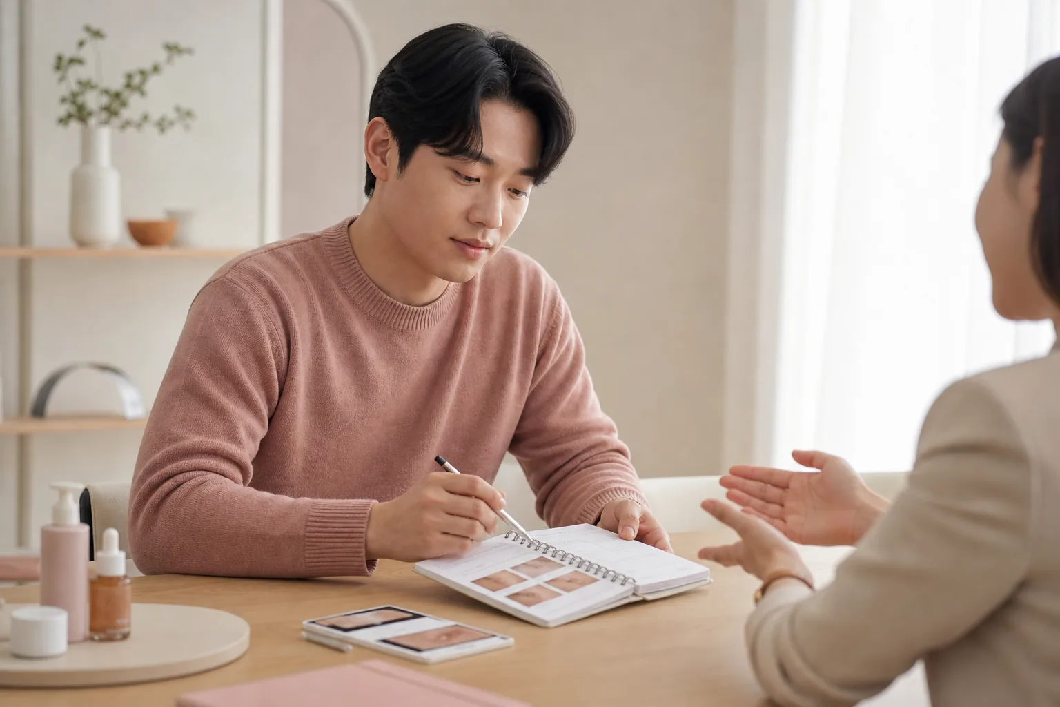 증상 기록과 상담 준비 과정을 표현한 진료 장면